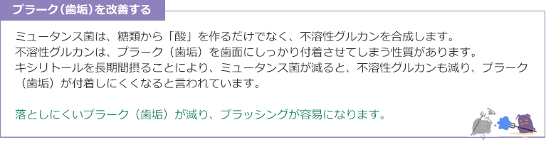 プラーク（歯垢）を改善する
									ミュータンス菌は、糖類から「酸」を作るだけでなく、不溶性グルカンを合成します。
									不溶性グルカンは、プラーク（歯垢）を歯面にしっかり付着させてしまう性質があります。
									キシリトールを長期間摂ることにより、ミュータンス菌が減ると、不溶性グルカンも減り、プラーク（歯垢）が付着しにくくなると言われています。
									落としにくいプラーク（歯垢）が減り、ブラッシングが容易になります。