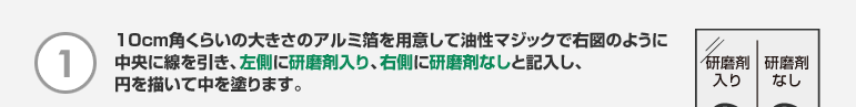 1. 10cm角くらいの大きさのアルミ箔を用意して油性マジックで右図のように中央に線を引き、左側に研磨剤入り、右側に研磨剤なしと記入し、円を描いて中を塗ります。