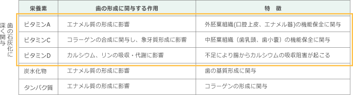 栄養条件が歯に及ぼす影響の表