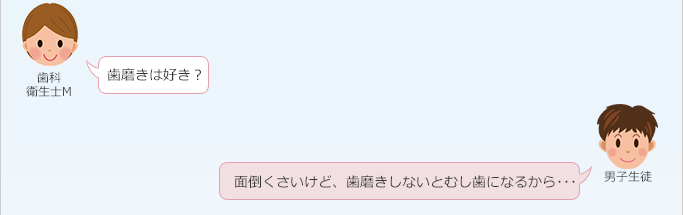 歯科衛生士 M：
 歯磨きは好き？
男子生徒：
 面倒くさいけど、歯磨きしないとむし歯になるから・・・