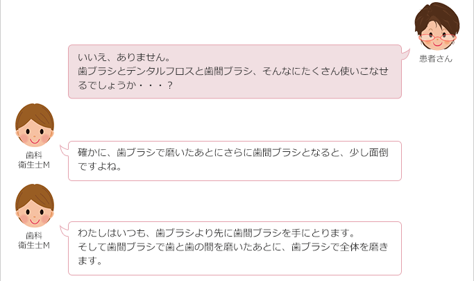 患者さん:
いいえ、ありません。
歯ブラシとデンタルフロスと歯間ブラシ、そんなにたくさん使いこなせるでしょうか・・・?
歯科衛生士M:
確かに、歯ブラシで磨いたあとにさらに歯間ブラシとなると、少し面倒ですよね。
わたしはいつも、歯ブラシより先に歯間ブラシを手にとります。
そして歯間ブラシで歯と歯の間を磨いたあとに、歯ブラシで全体を磨きます。