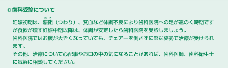 ◎歯科受診について		妊娠初期は、悪阻（おそ（＝つわり））、貧血など体調不良により歯科医院への足が遠のく時期ですが食欲が増す妊娠中期以降は、体調が安定したら歯科医院を受診しましょう。歯科医院ではお腹が大きくなっていても、チェアーを倒さずに楽な姿勢で治療が受けられます。その他、治療について心配事やお口の中の気になることがあれば、歯科医師、歯科衛生士に気軽に相談してください。