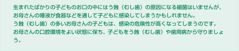 生まれたばかりの子どものお口の中にはう蝕（むし歯）の原因になる細菌はいませんが、お母さんの唾液が食器などを通して子どもに感染してしまうかもしれません。う蝕（むし歯）の多いお母さんの子どもは、感染の危険性が高くなってしまうのです。お母さんの口腔環境をよい状態に保ち、子どもをう蝕（むし歯）や歯周病から守りましょう。